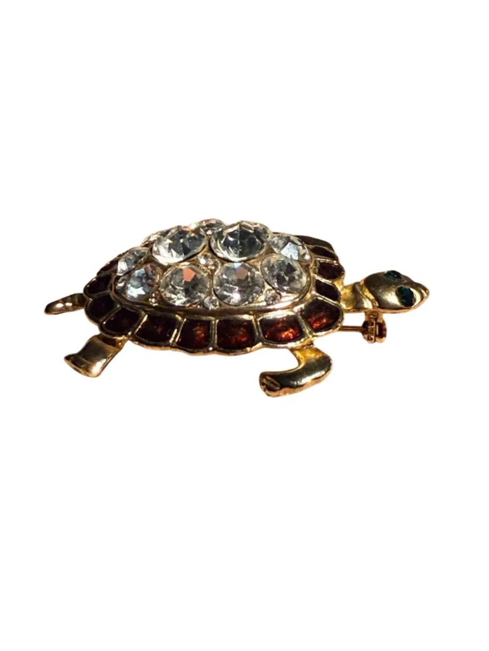 Vintage Turtle Brooch Gold Tone Sea Life Rhinestone Pin Coastal Jewelry Fashion